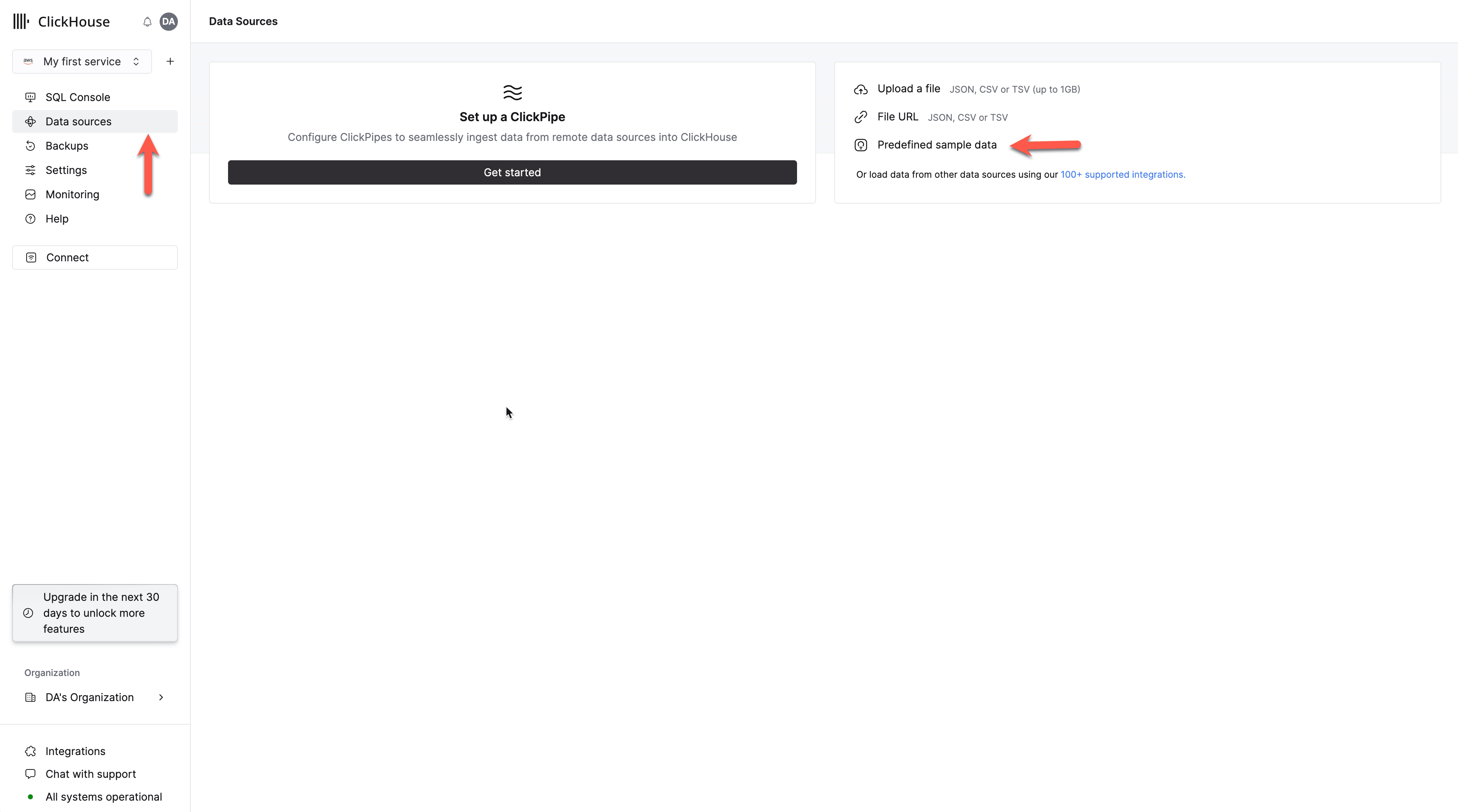 قائمة إجراءات خدمة ClickHouse Cloud التي تعرض خياري مصادر البيانات وبيانات العينة المحددة مسبقًا