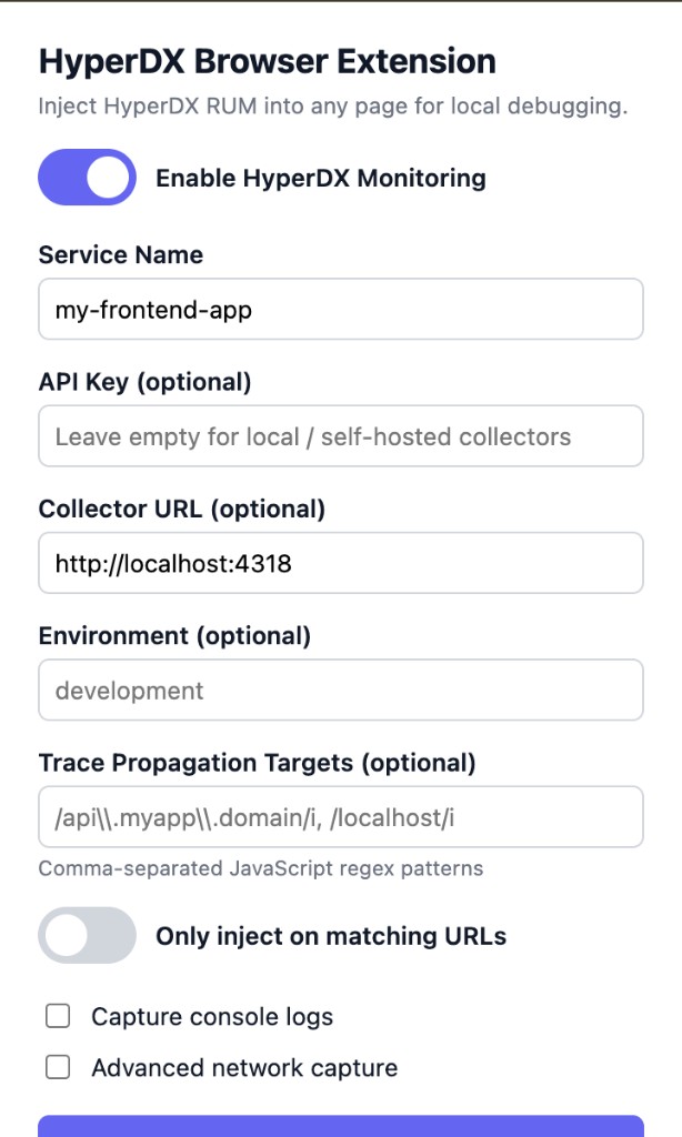 Janela de configuração da extensão do Chrome do HyperDX com ajustes locais do ClickStack