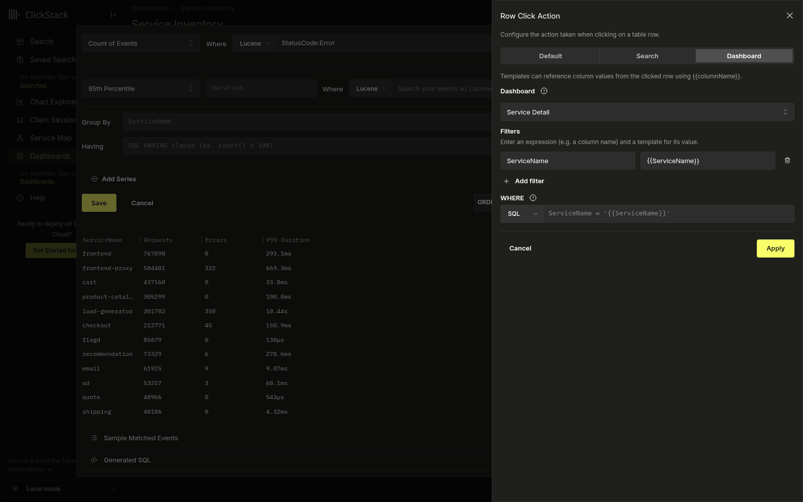 Выдвижная панель Row Click Action в режиме Dashboard, где в качестве цели выбрана панель мониторинга Service Detail, а фильтр ServiceName шаблонизируется на основе строки, по которой щелкнули