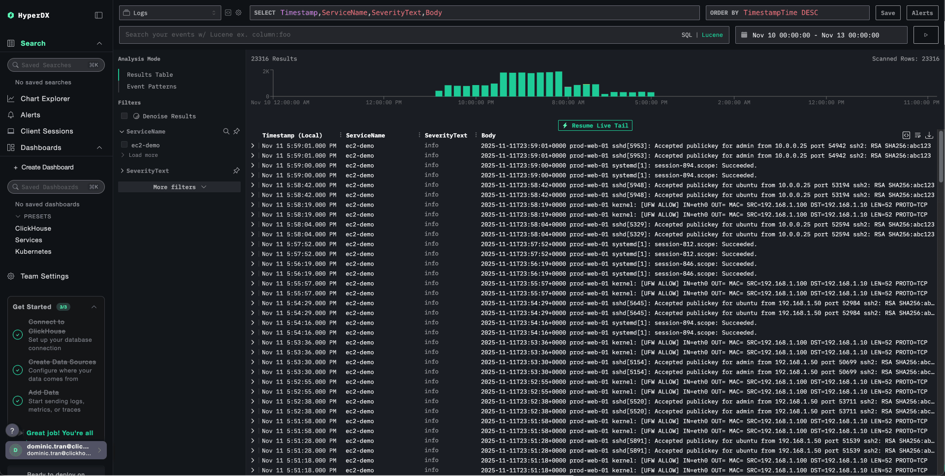 EC2 logs search view