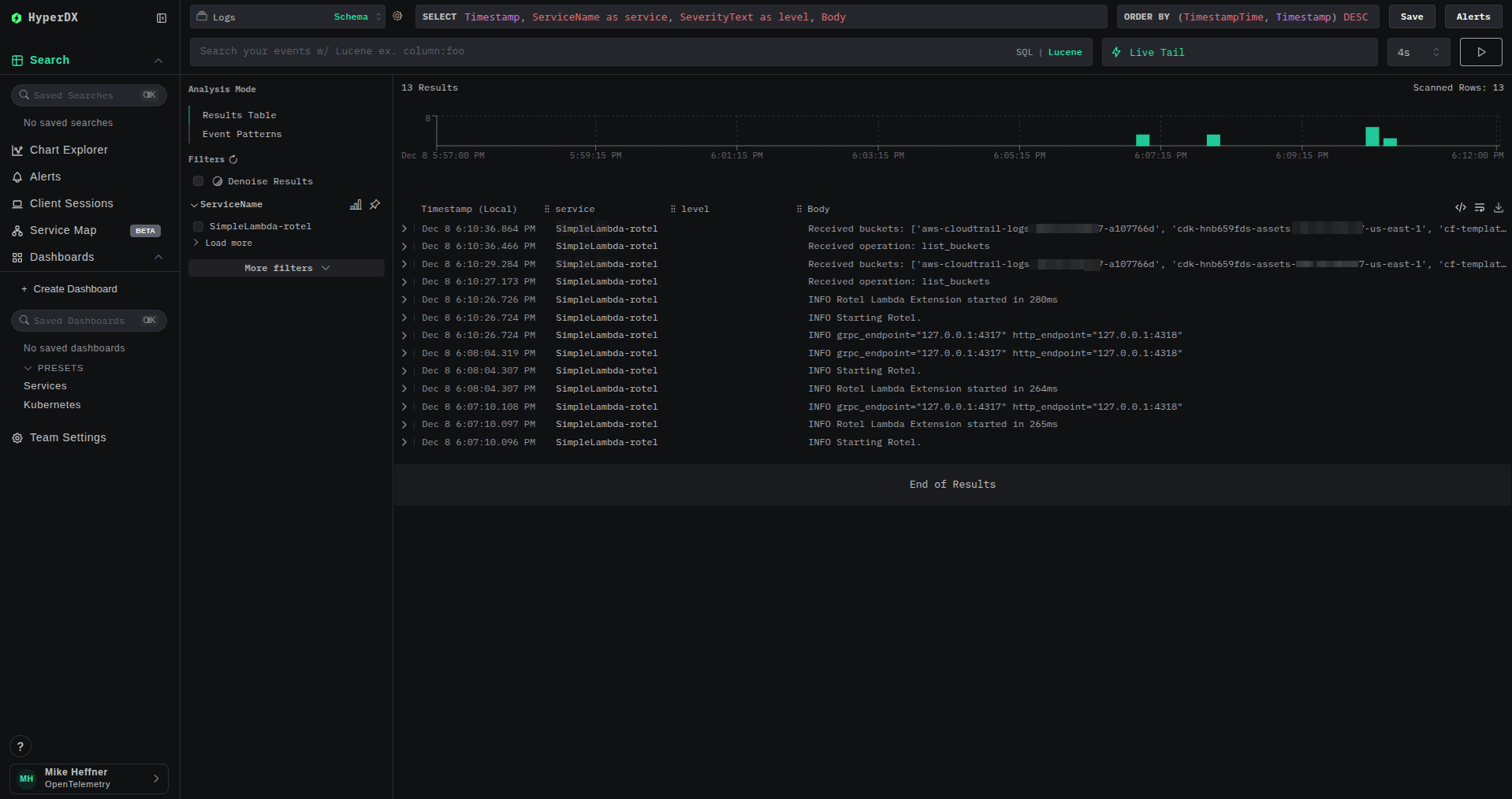 Vue des logs Lambda