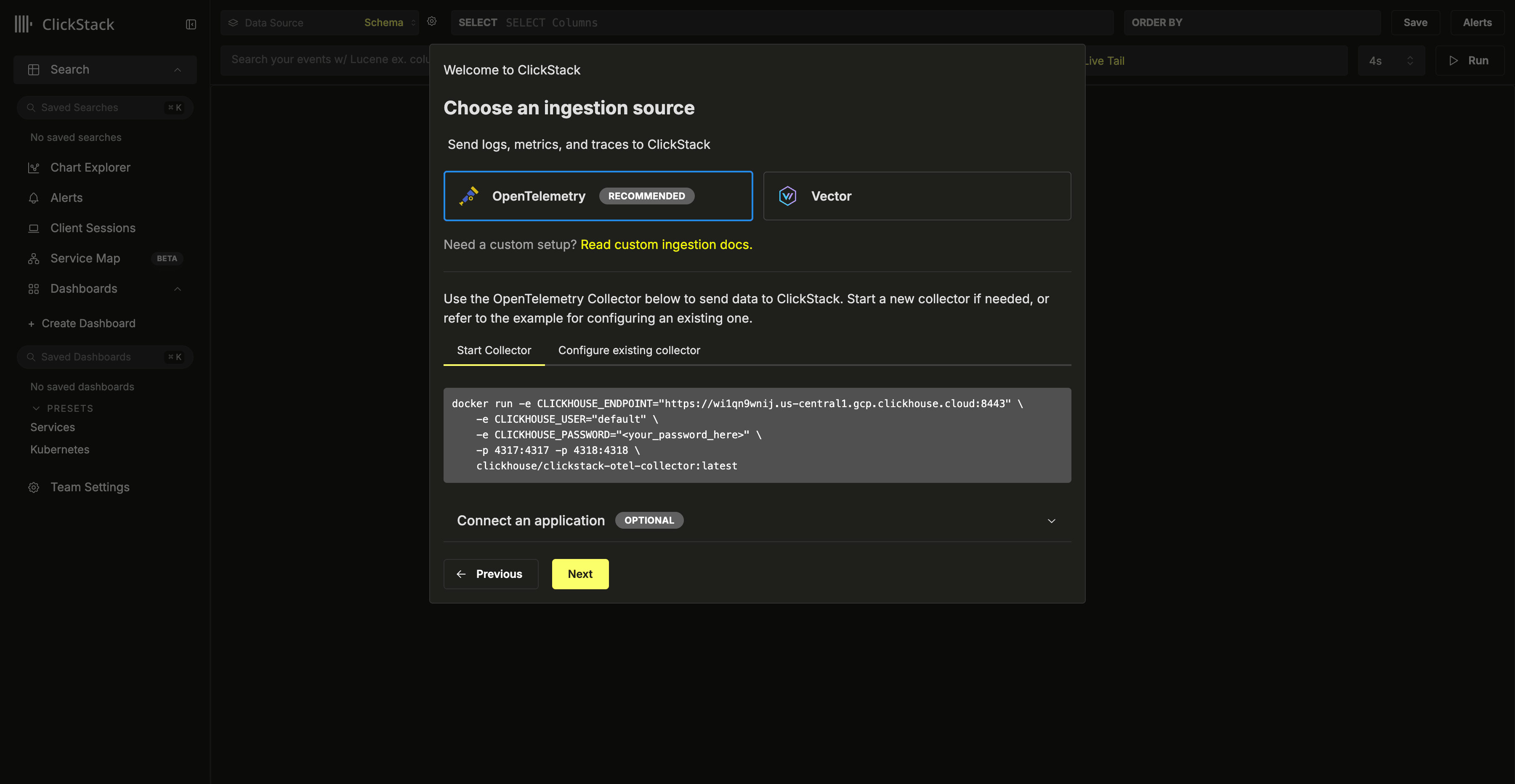 Sélection de la source - ClickStack UI