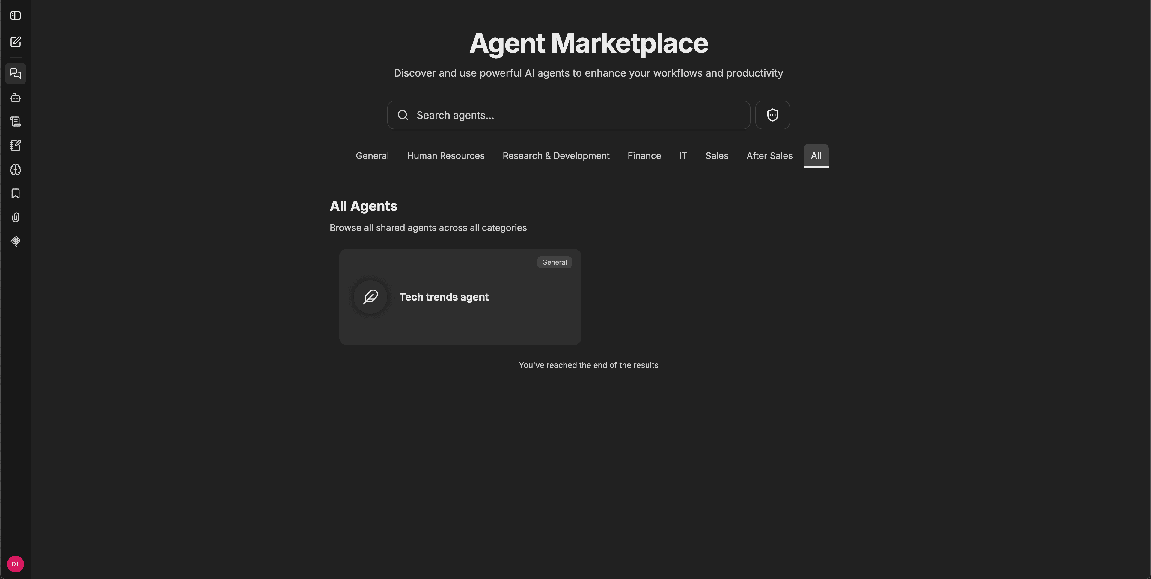 Vista de Agent Marketplace con el título, la barra de búsqueda, las pestañas de categorías (General, Recursos Humanos, Investigación y Desarrollo, Finanzas, TI, Ventas, Posventa, Todas) y una tarjeta de agente visible