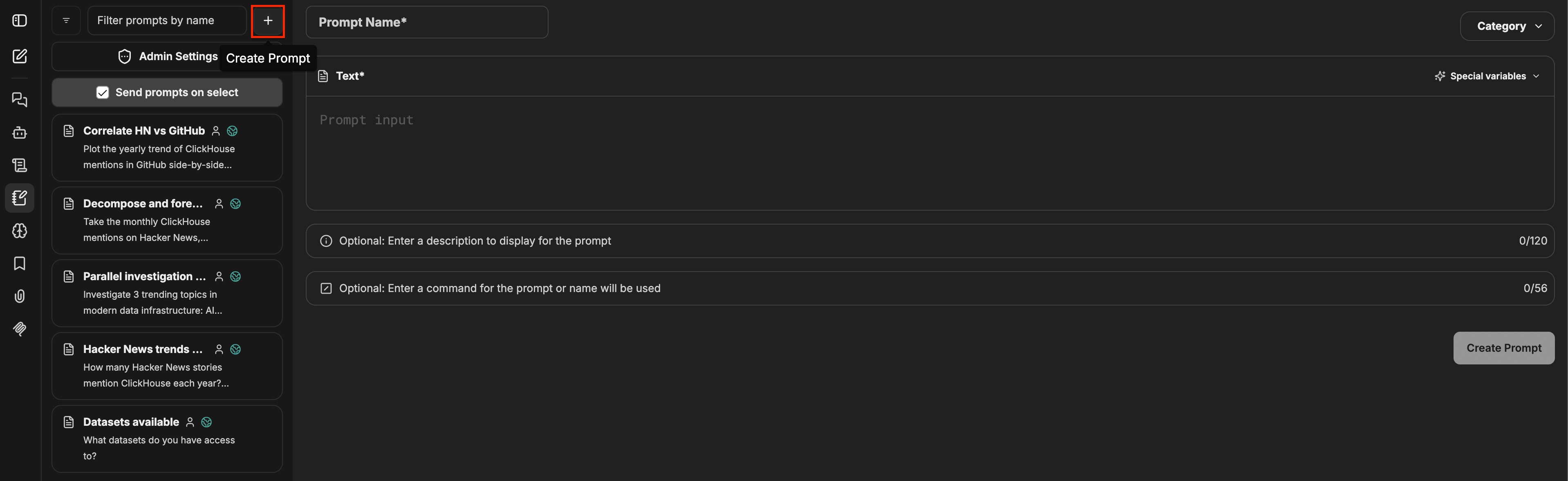 왼쪽에 + 버튼이 강조 표시된 Prompts 패널과 오른쪽에 Prompt Name, Text, Category, Special variables, Description, Command 필드 및 Create Prompt 버튼이 표시된 Create Prompt 양식