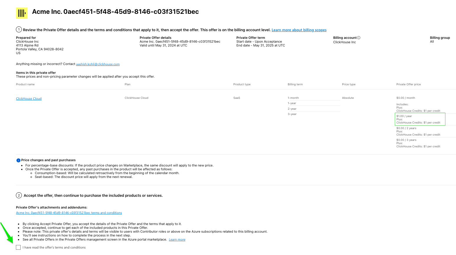 Azure Marketplace Private Offer 세부 정보