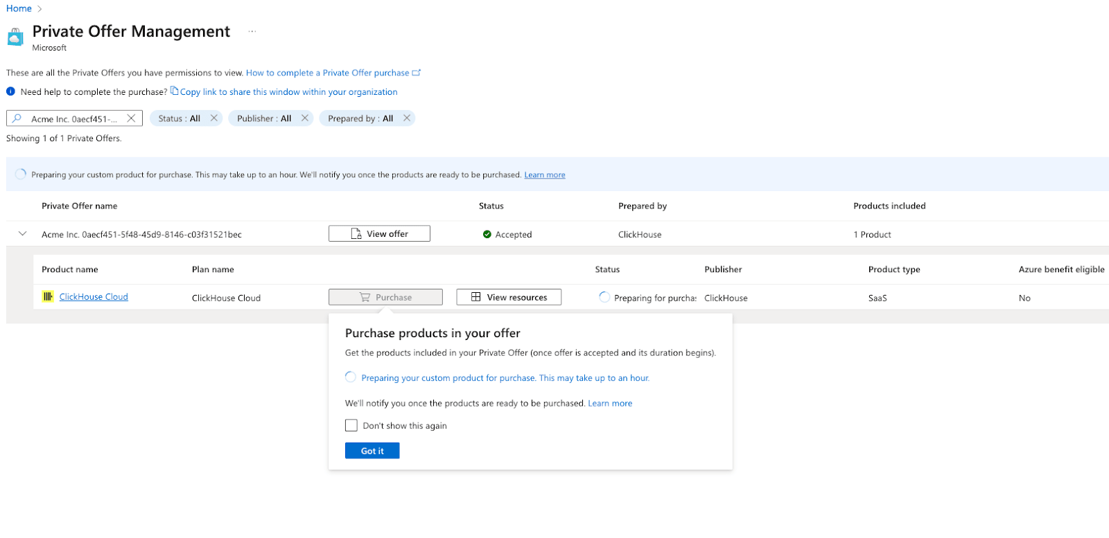 Azure Marketplace Private Offer Management 페이지