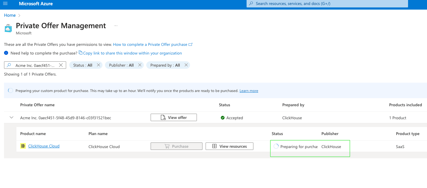 로딩 중인 Azure Marketplace Private Offer Management 페이지