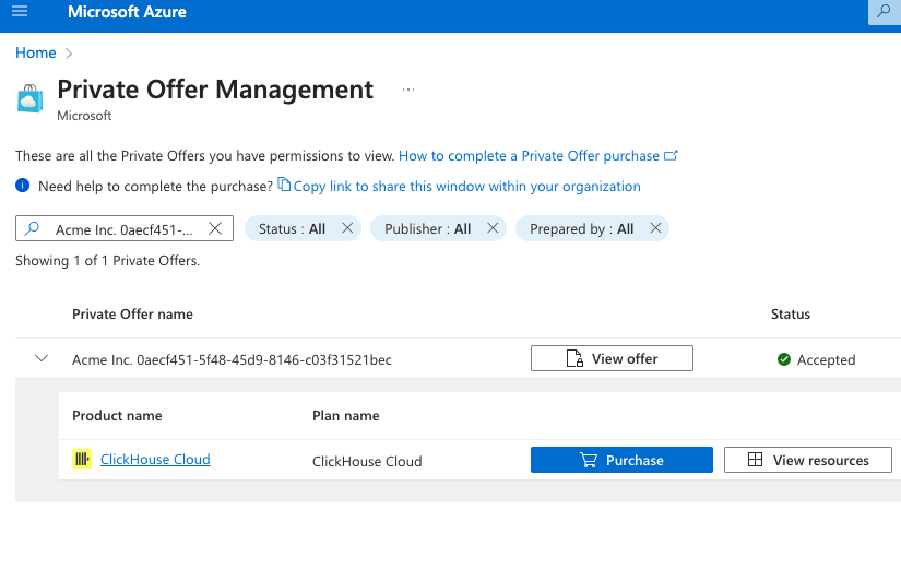 Purchase가 활성화된 Azure Marketplace Private Offer Management 페이지