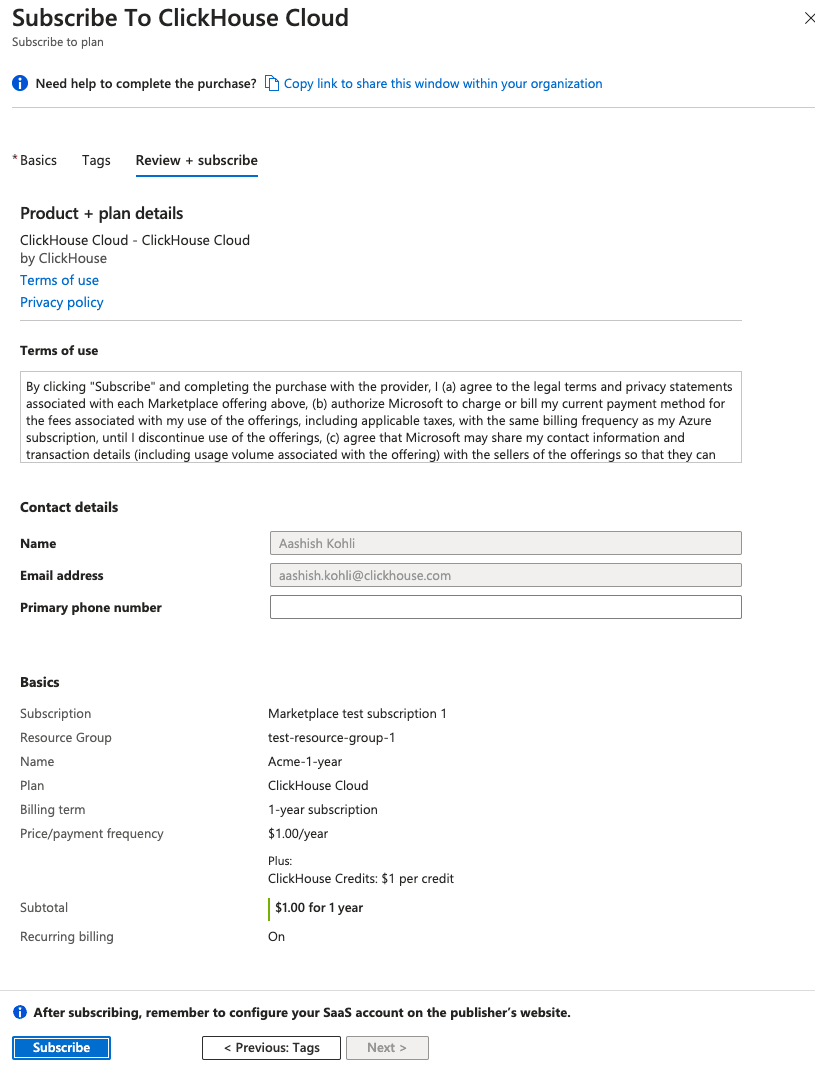 Azure Marketplace subscription 확인
