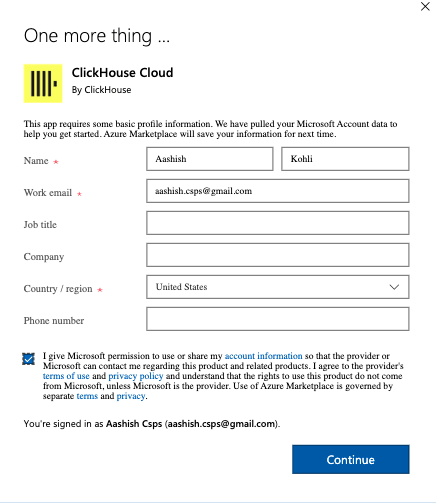 ClickHouse Cloud 登録情報フォーム