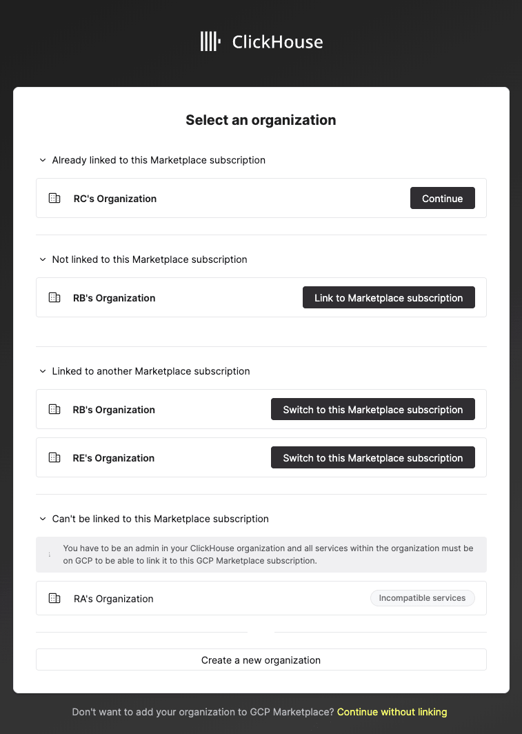 Inscription au marketplace et association de l'organisation