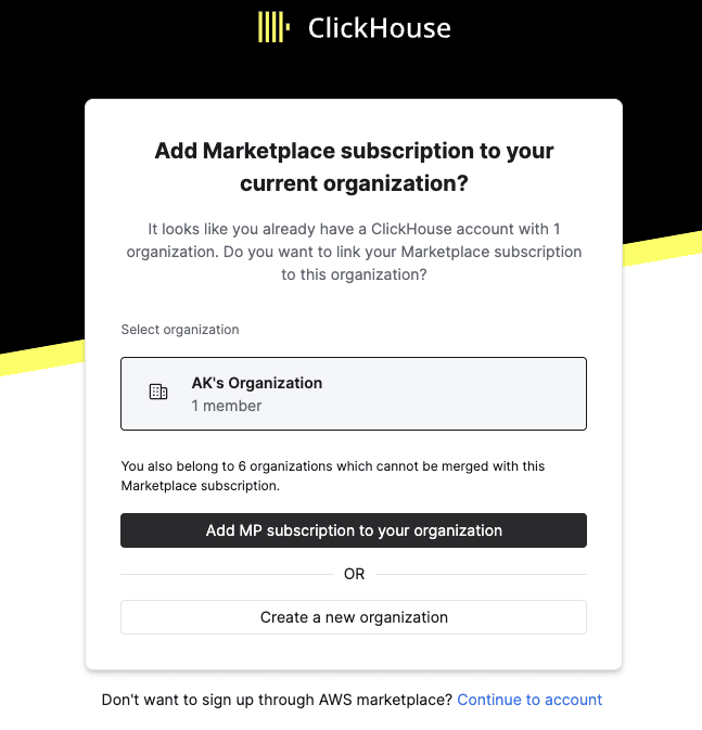 Interface do ClickHouse Cloud mostrando como adicionar uma assinatura do marketplace a uma organização existente