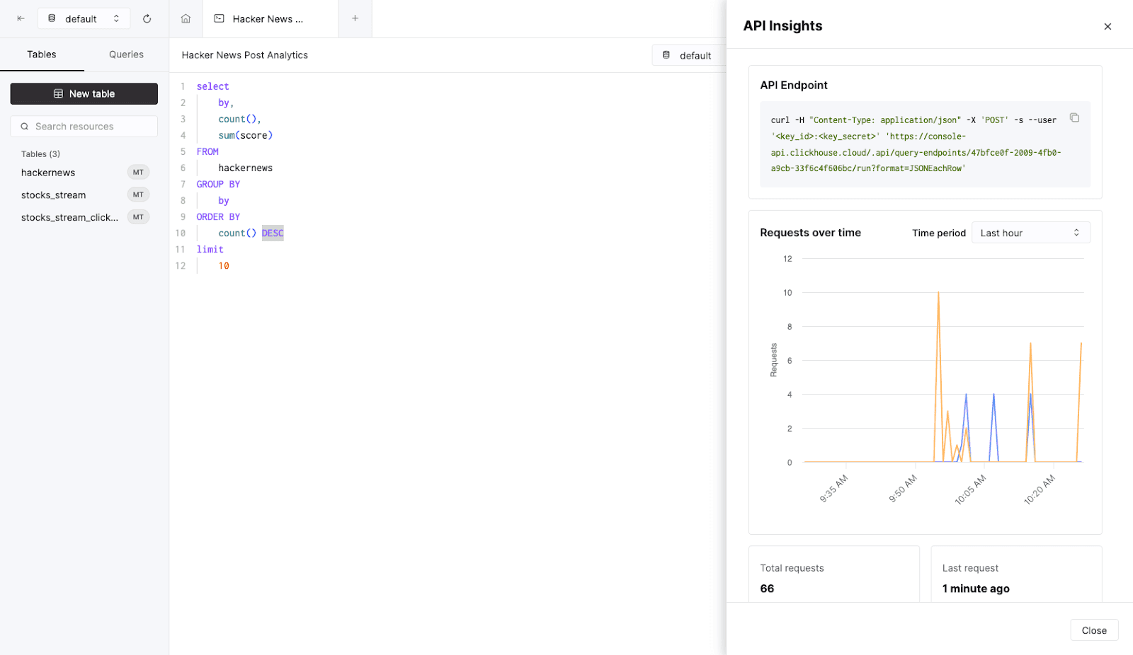 Interface do ClickHouse Cloud mostrando a configuração de API Endpoints com várias configurações