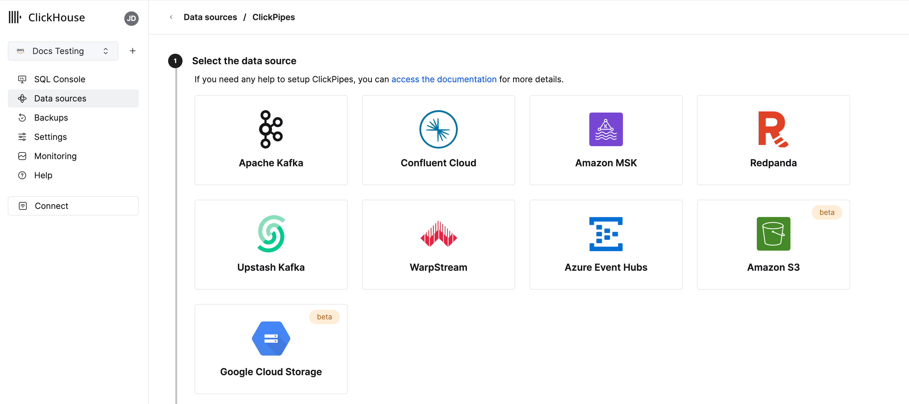 Interface do ClickPipes mostrando opções de configuração para carregar dados de buckets do S3 e do GCS