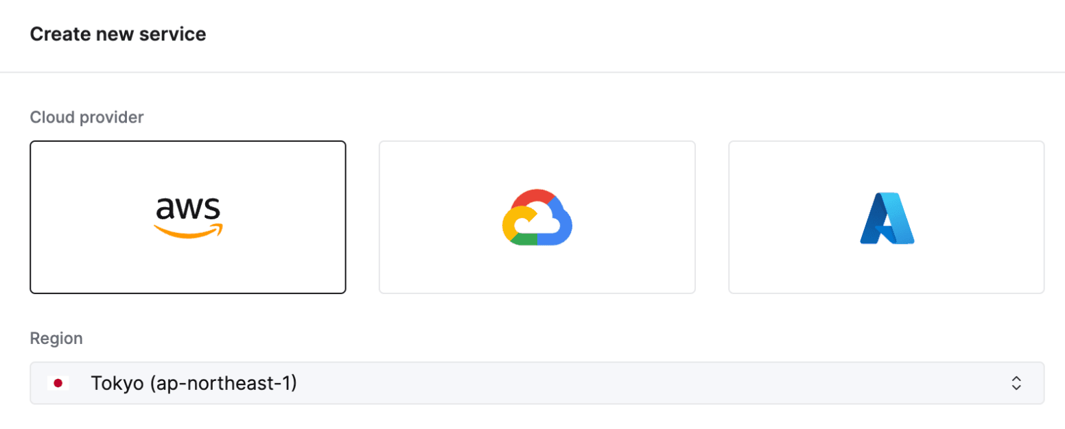 Interface de criação de serviço do ClickHouse Cloud mostrando a seleção da região de Tóquio