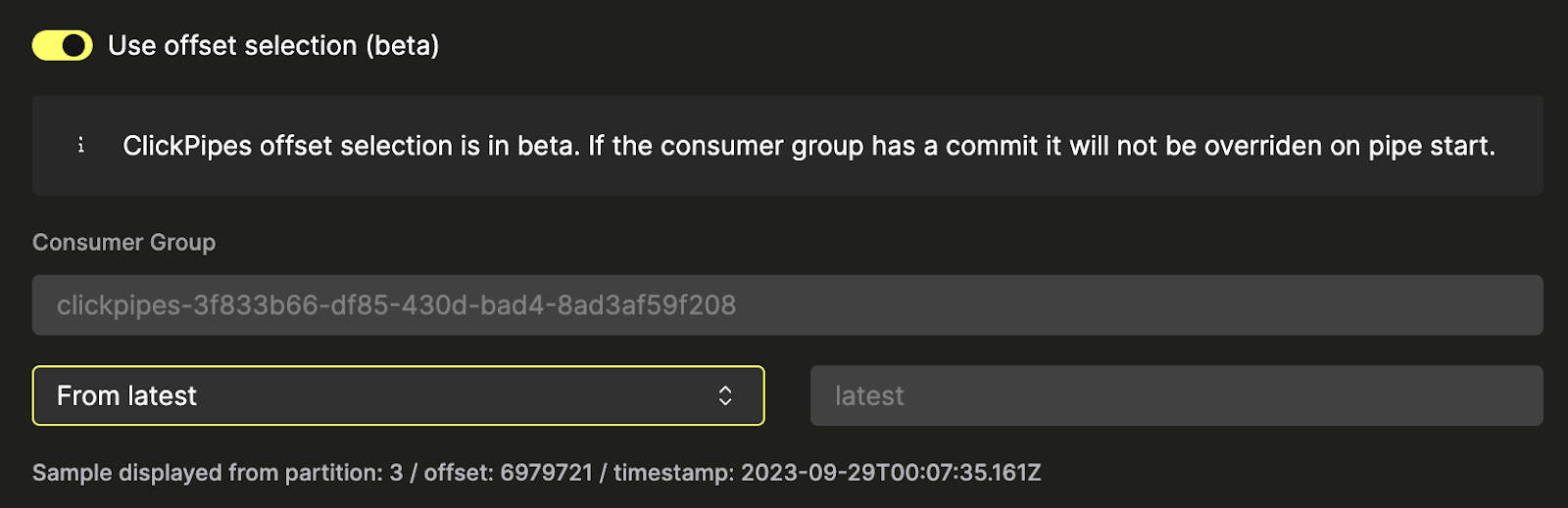 Interface de configuração do conector Kafka do ClickPipes mostrando opções de seleção de offset