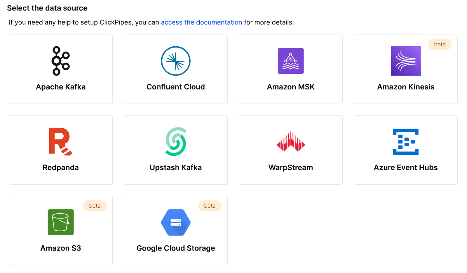 Interface do ClickPipes mostrando opções de configuração da integração com o Amazon Kinesis