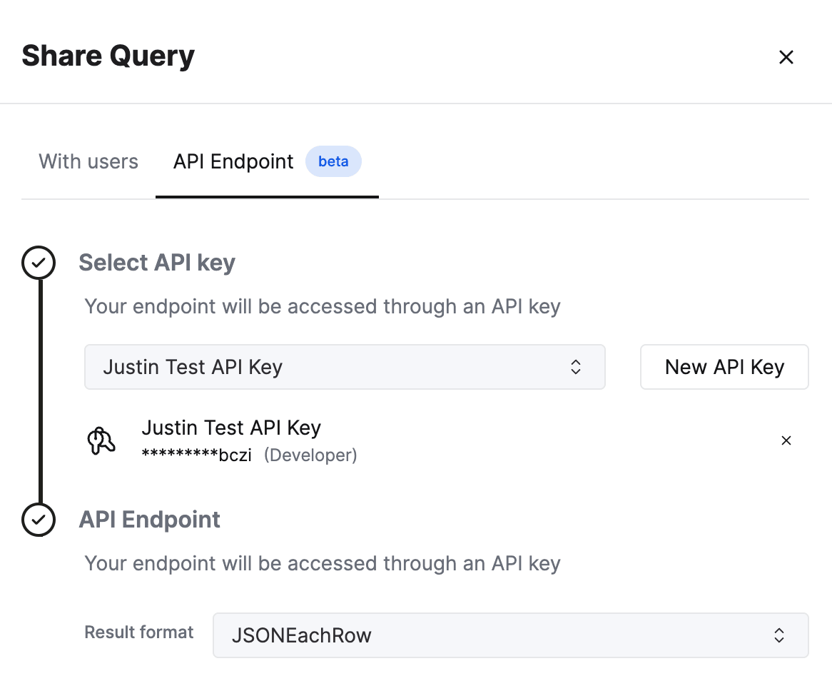 Interface do ClickHouse Cloud mostrando a configuração de Query Endpoints com opções de formato de saída