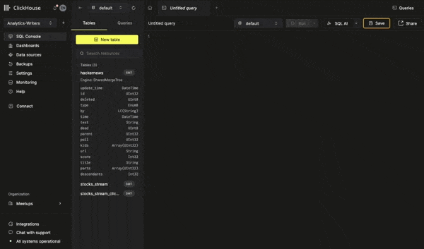 Animação mostrando o AI Copilot fornecendo sugestões de autocompletar SQL à medida que o usuário digita