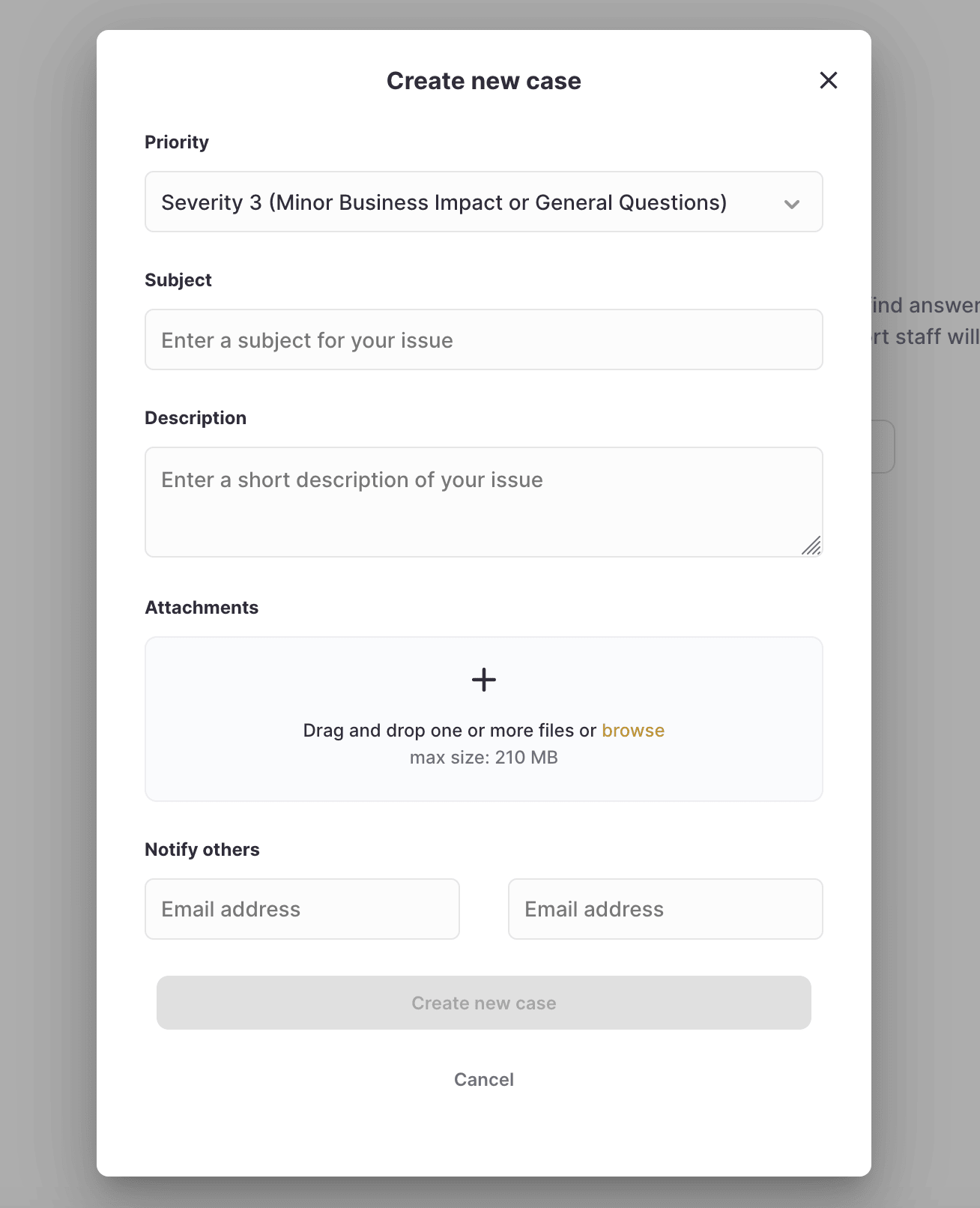 Formulaire de support case dans ClickHouse Cloud