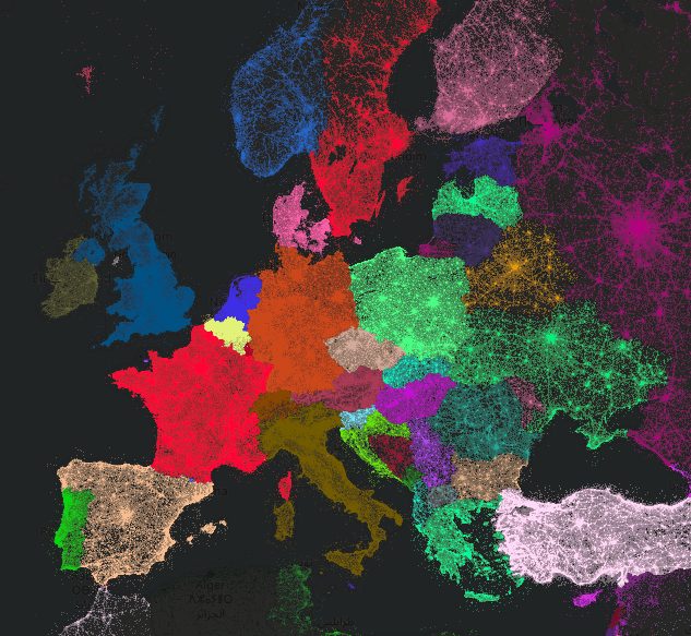 Carte de l'Europe avec des points d'intérêt classés par pays