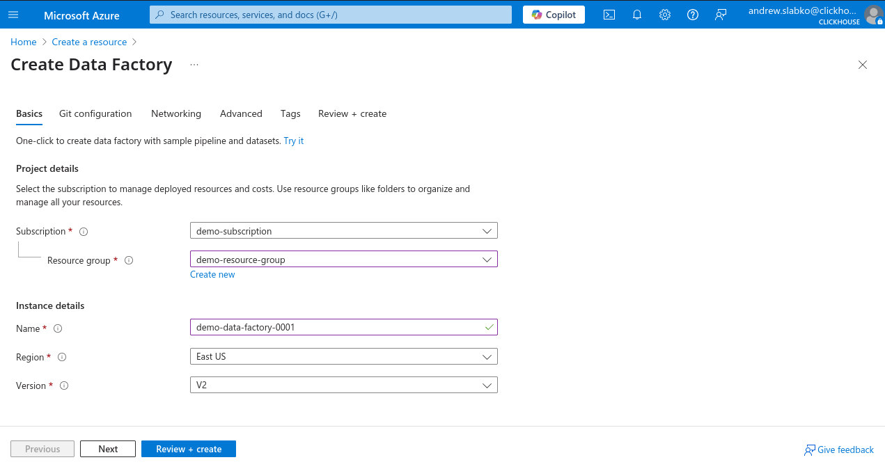 Azure Portal New Data Factory