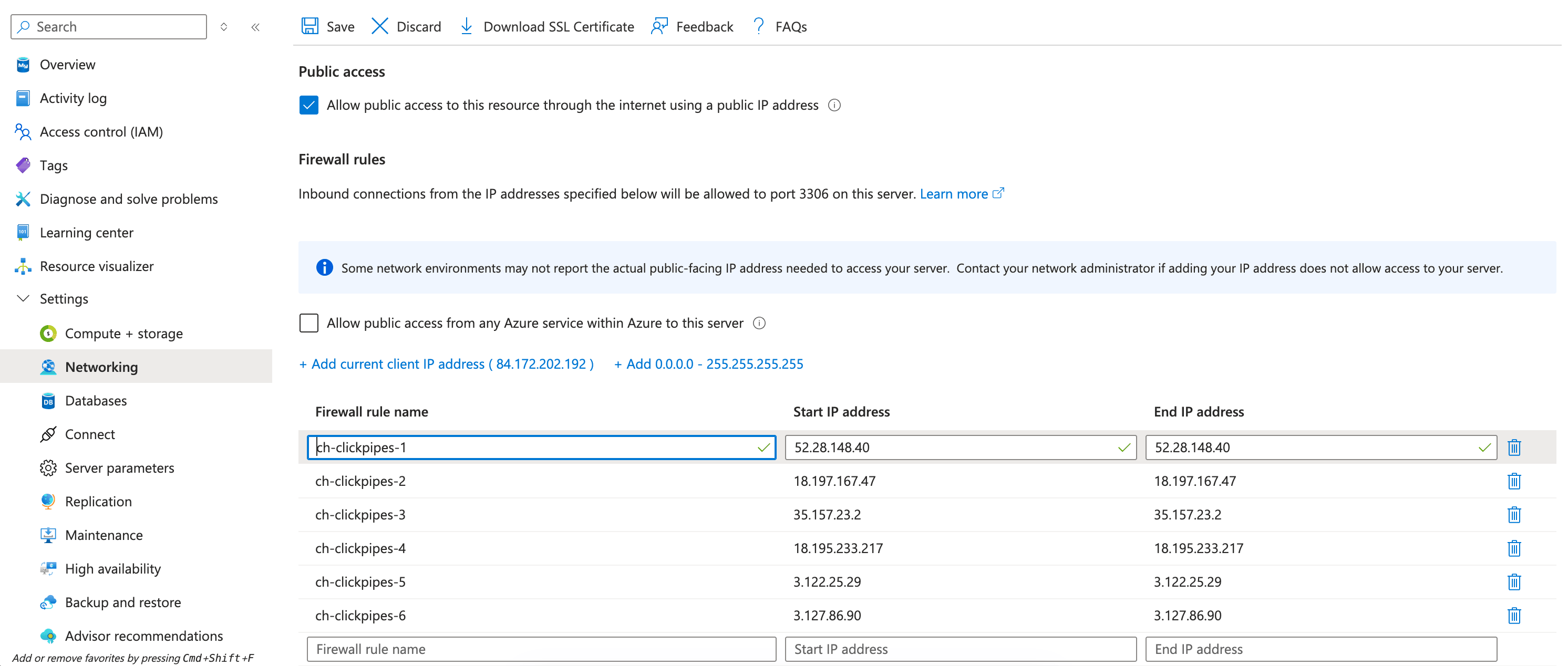 Configure networking for public access with an IP allowlist