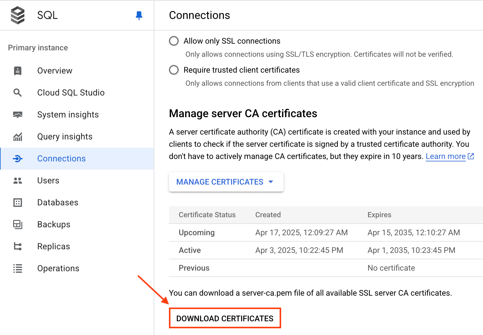 Descarga del certificado de GCP MySQL