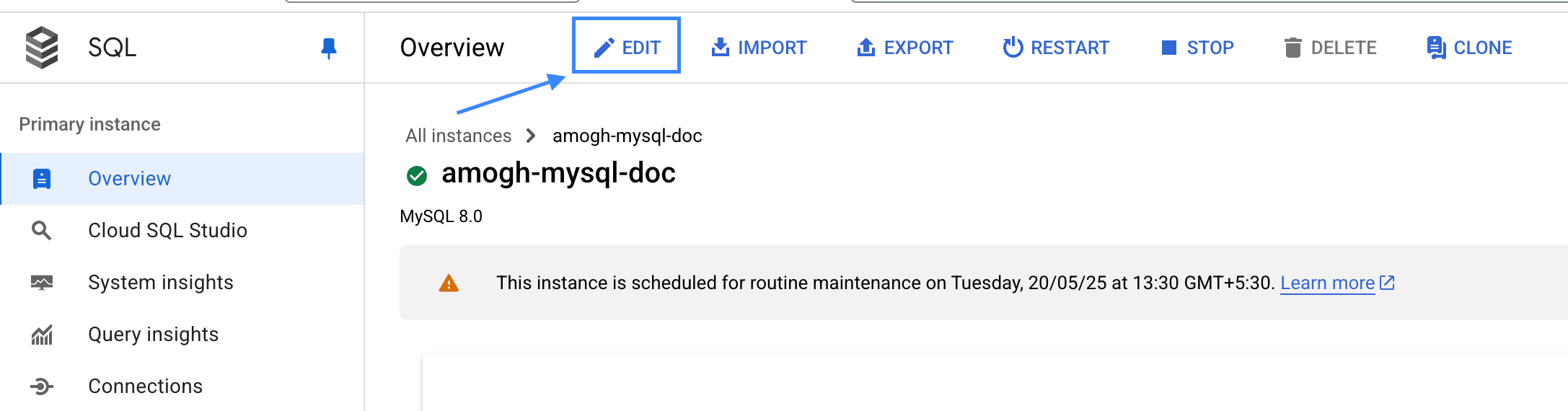 Botón Edit en GCP MySQL