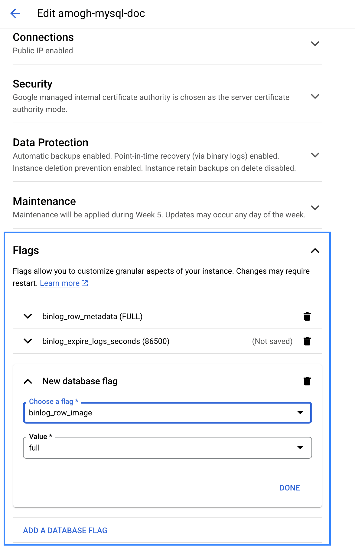 Configuración de las flags de binlog en GCP