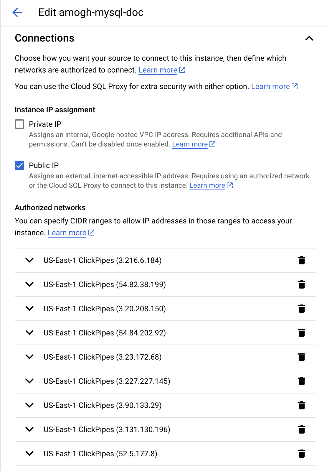 Lista de IP permitidas en GCP MySQL
