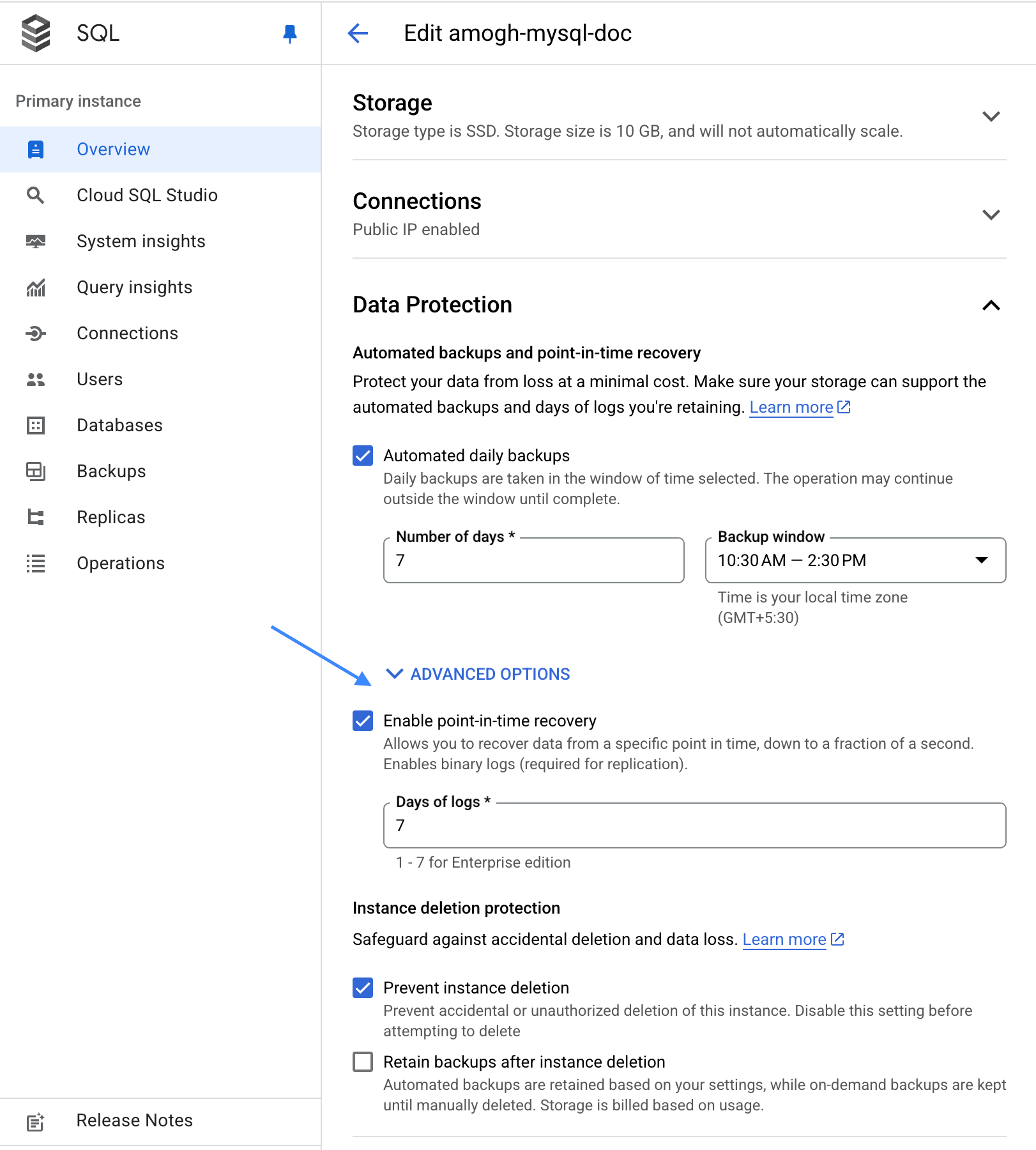 Habilitación de PITR en Cloud SQL