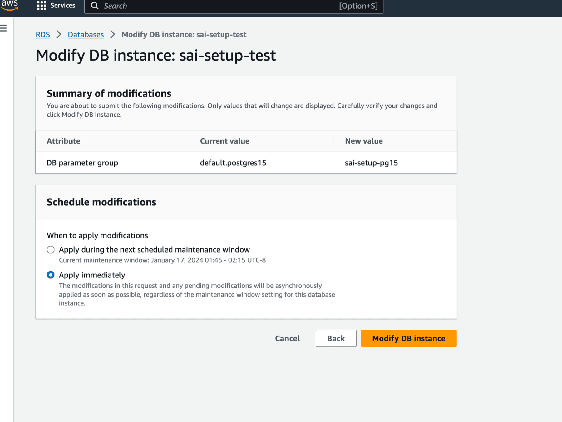 Modifying Aurora PostgreSQL with new parameter group