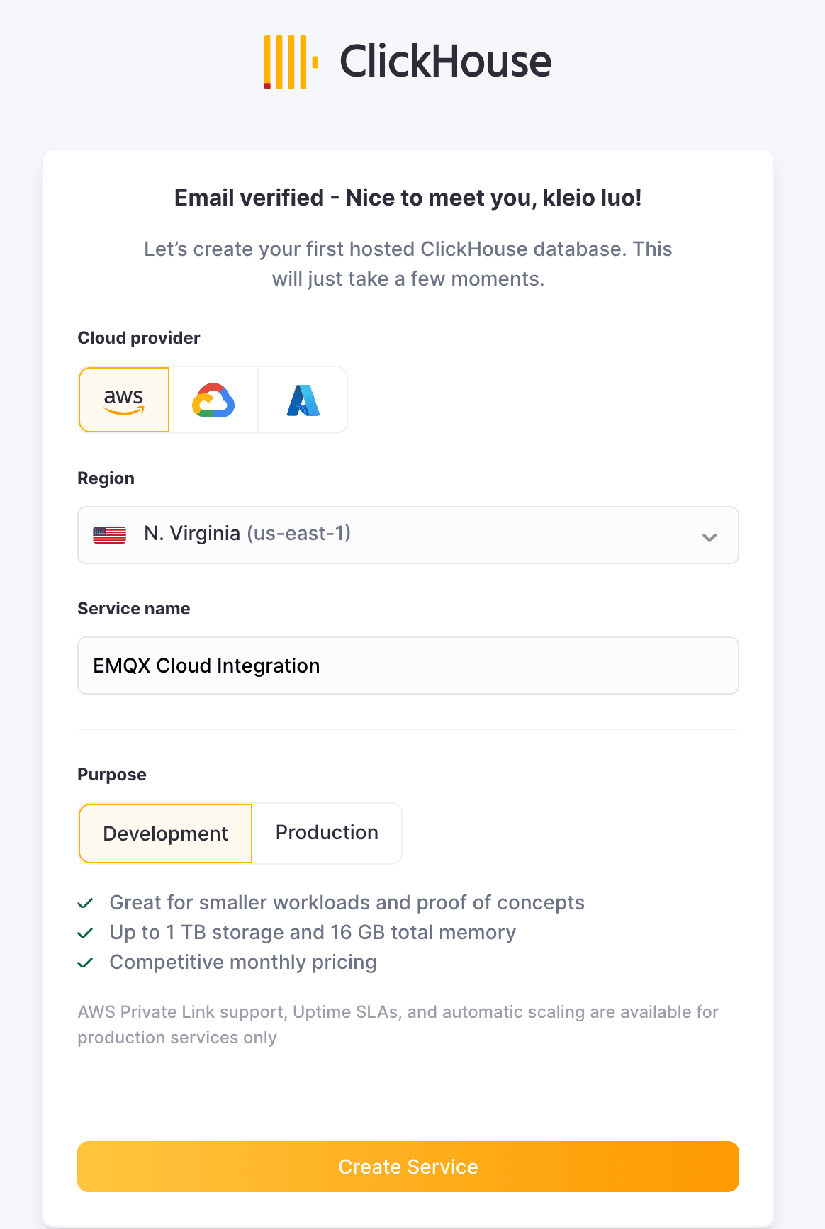 Интерфейс развертывания сервиса ClickHouse Cloud с выбором региона AWS