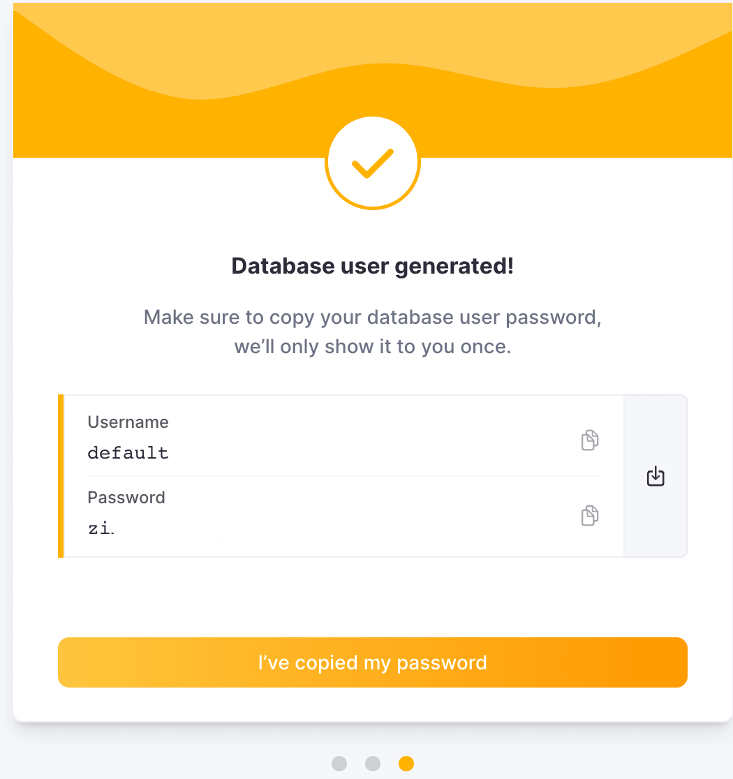 Экран учётных данных ClickHouse Cloud с именем пользователя и паролем