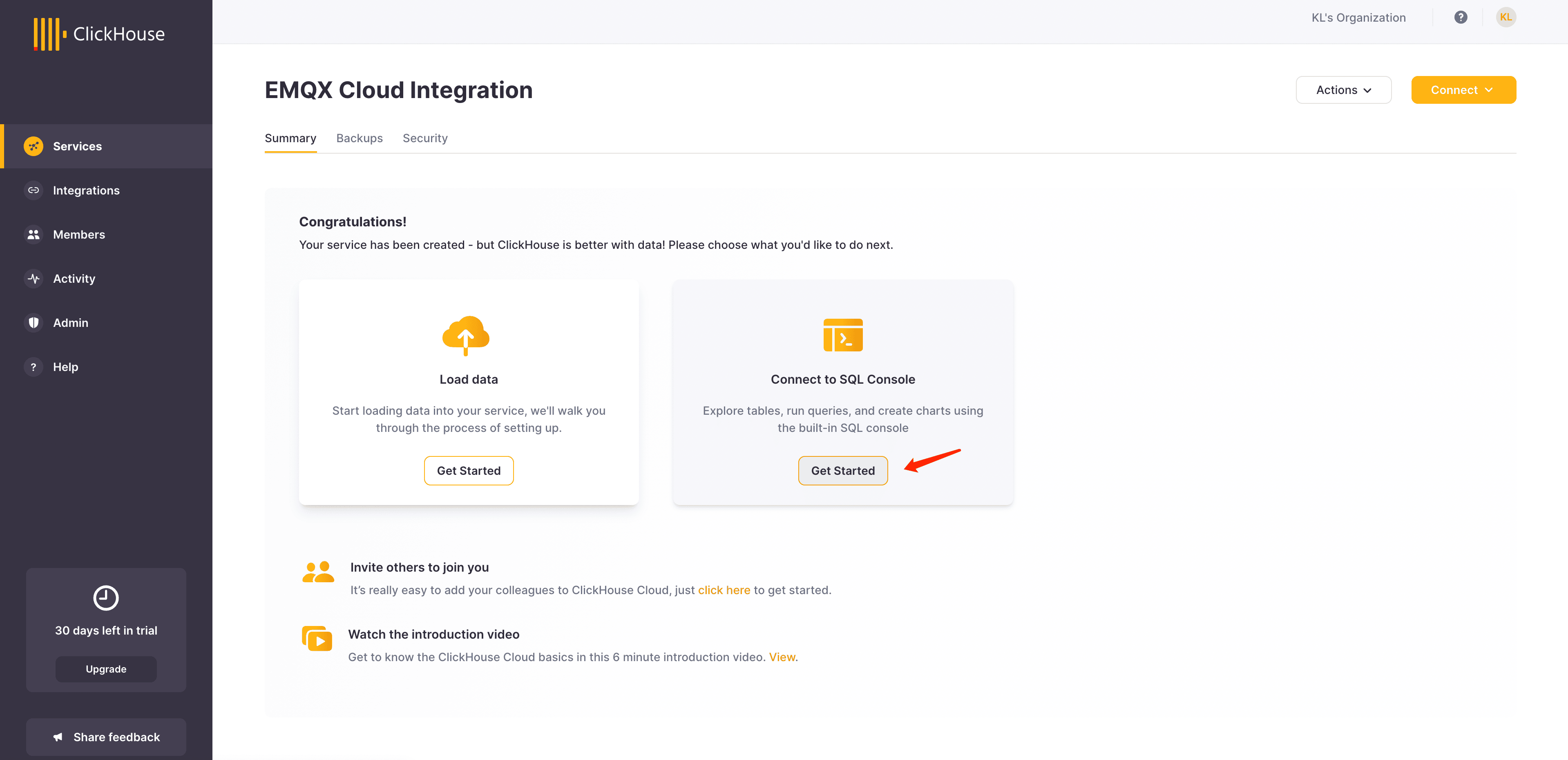 Интерфейс SQL Console ClickHouse Cloud