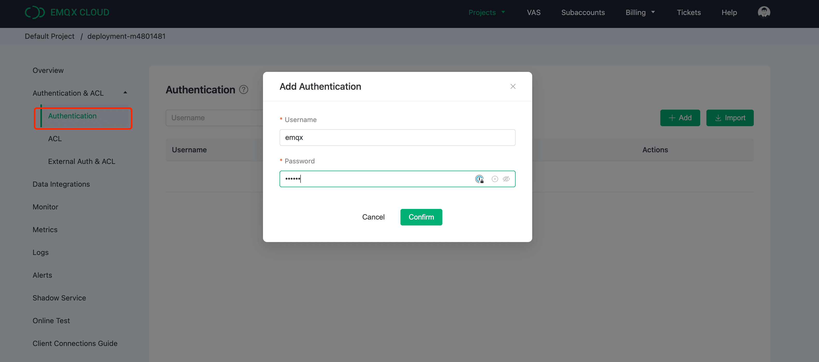 Интерфейс настройки Authentication в EMQX Cloud для добавления учётных данных