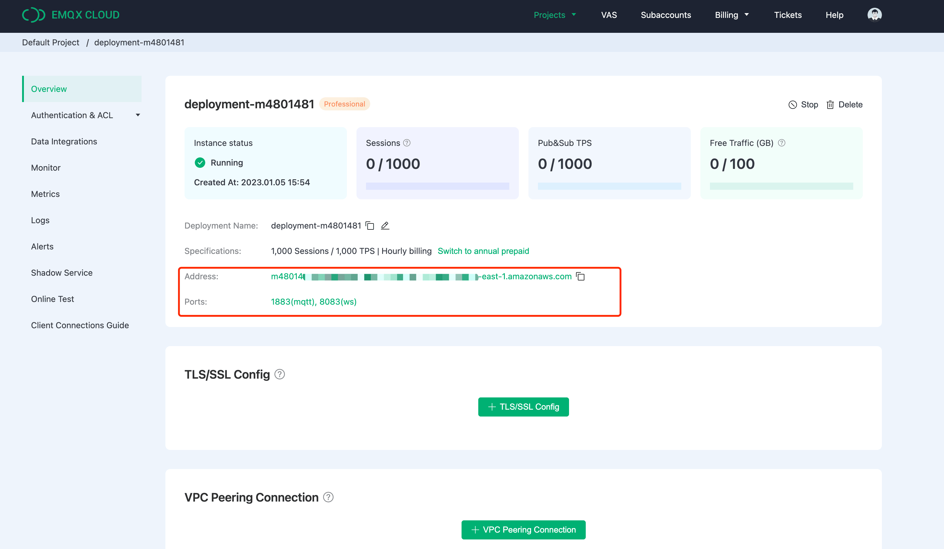 Панель мониторинга EMQX Cloud Overview с метриками брокера