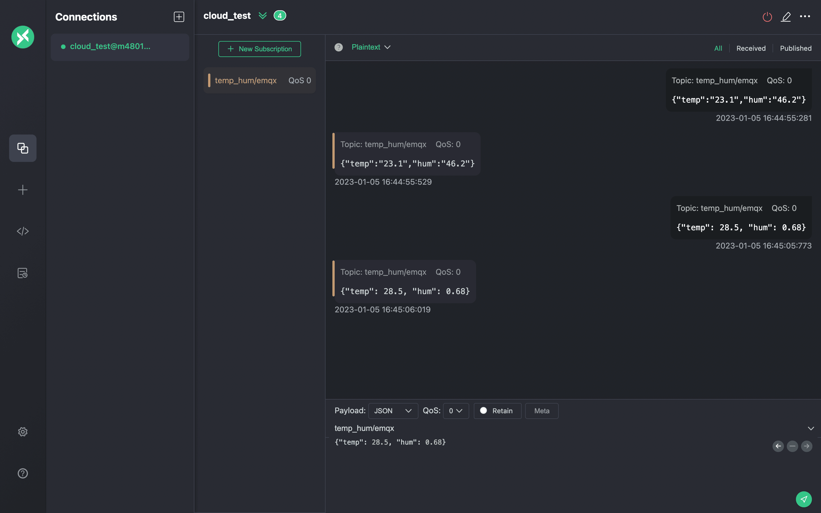 Интерфейс MQTTX Publish MQTT Messages, показывающий создание сообщения