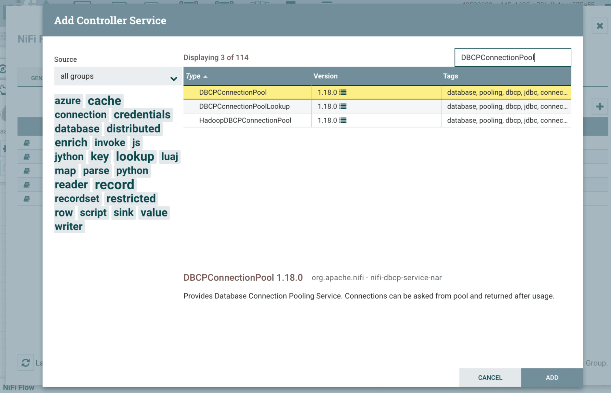 DBCPConnectionPool이 강조 표시된 Controller Service 선택 대화 상자