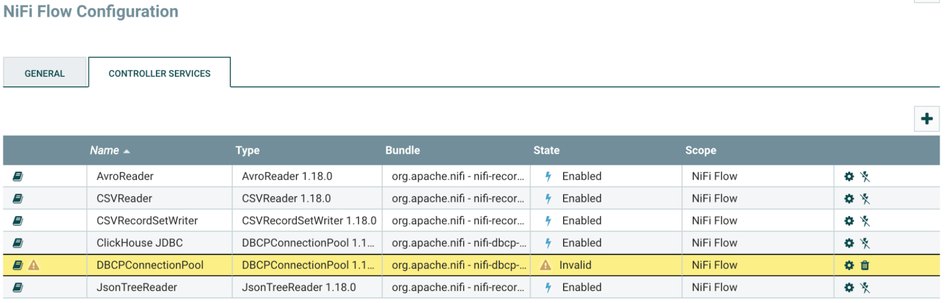gear 버튼이 강조 표시된 Invalid 상태의 DBCPConnectionPool이 표시된 Controller Services 목록