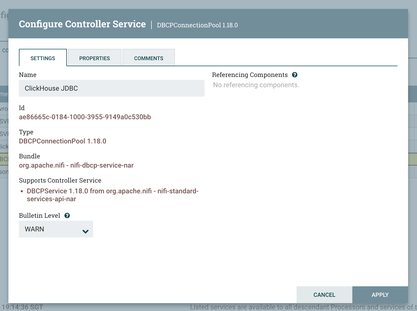 속성이 입력된 DBCPConnectionPool 구성 대화 상자