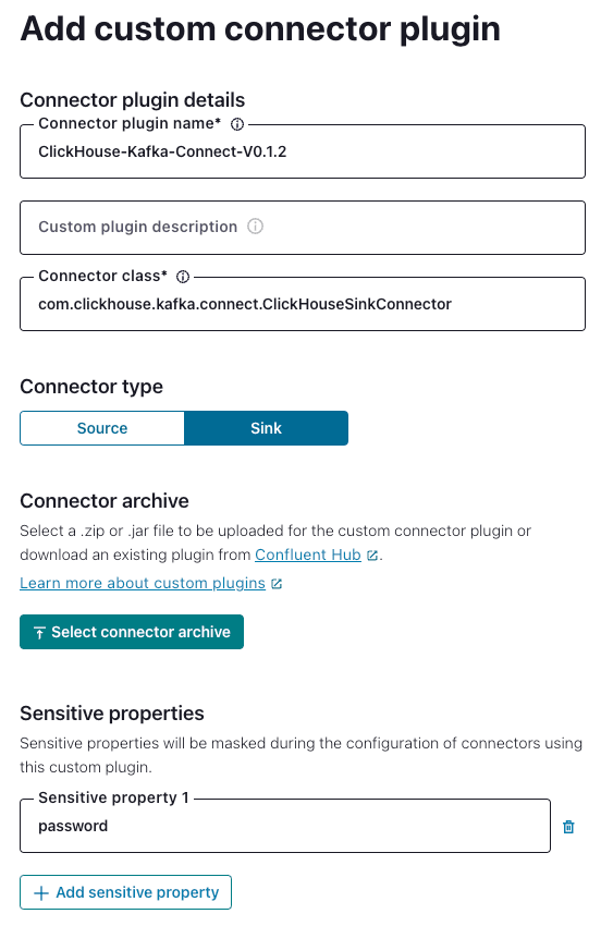 カスタム ClickHouse コネクタを追加するための設定が表示された Confluent Platform UI