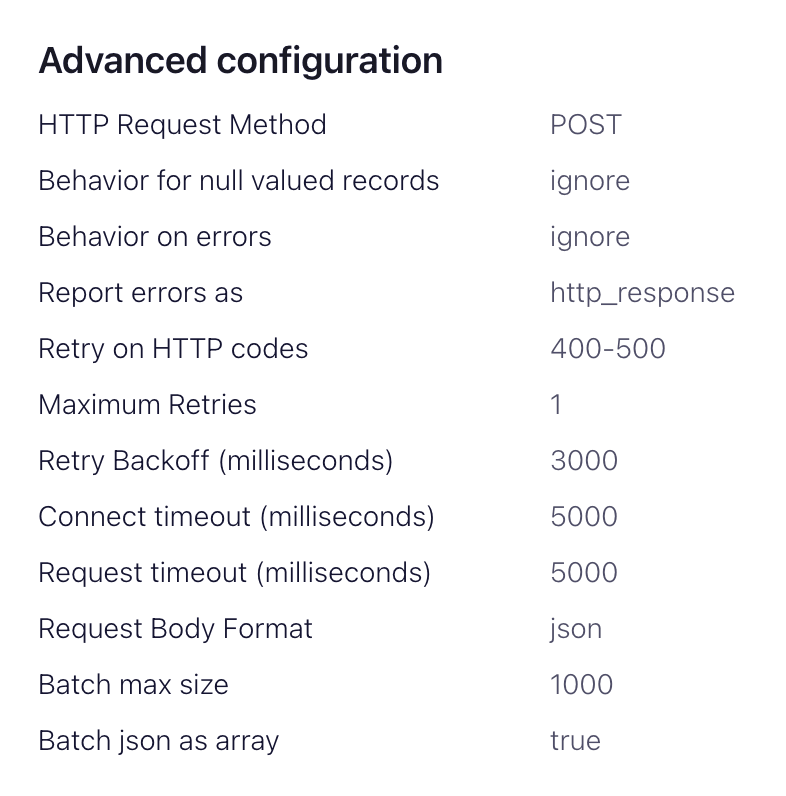 HTTP Sink コネクタの詳細設定オプションを示す Confluent Cloud のインターフェイス