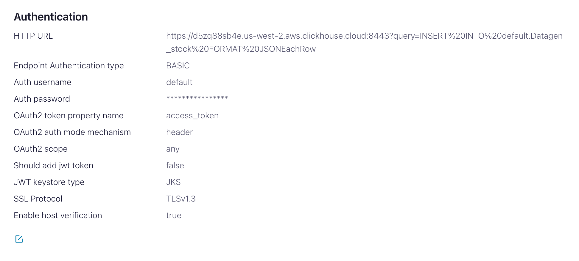 HTTP Sink コネクタの認証設定を示す Confluent Cloud のインターフェイス