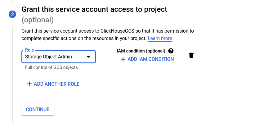 Selección del rol de IAM Storage Object Admin en GCS