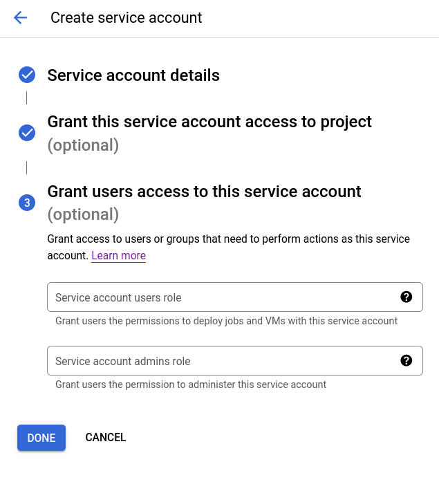 Configuración de ajustes adicionales para la nueva cuenta de servicio en GCS