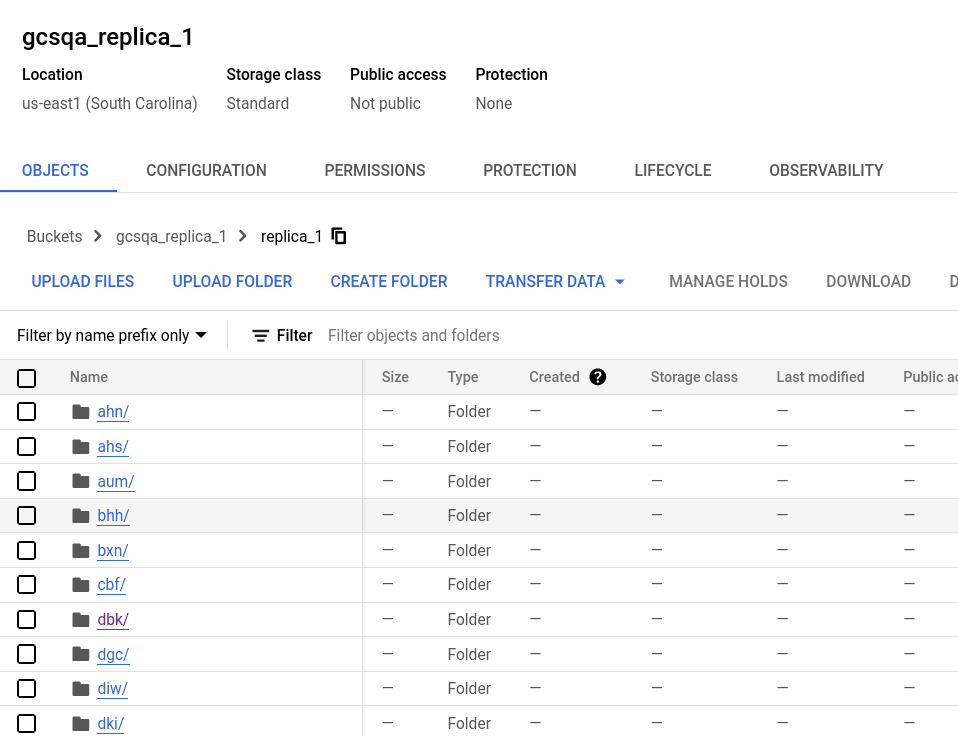 Bucket de la réplica 1 en Google Cloud Storage con la estructura de carpetas y las particiones de datos