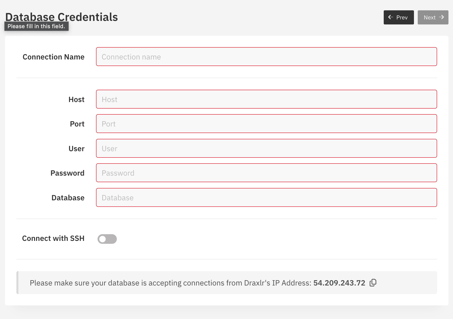 ClickHouseデータベースの設定オプションを表示したDraxlrの接続フォーム