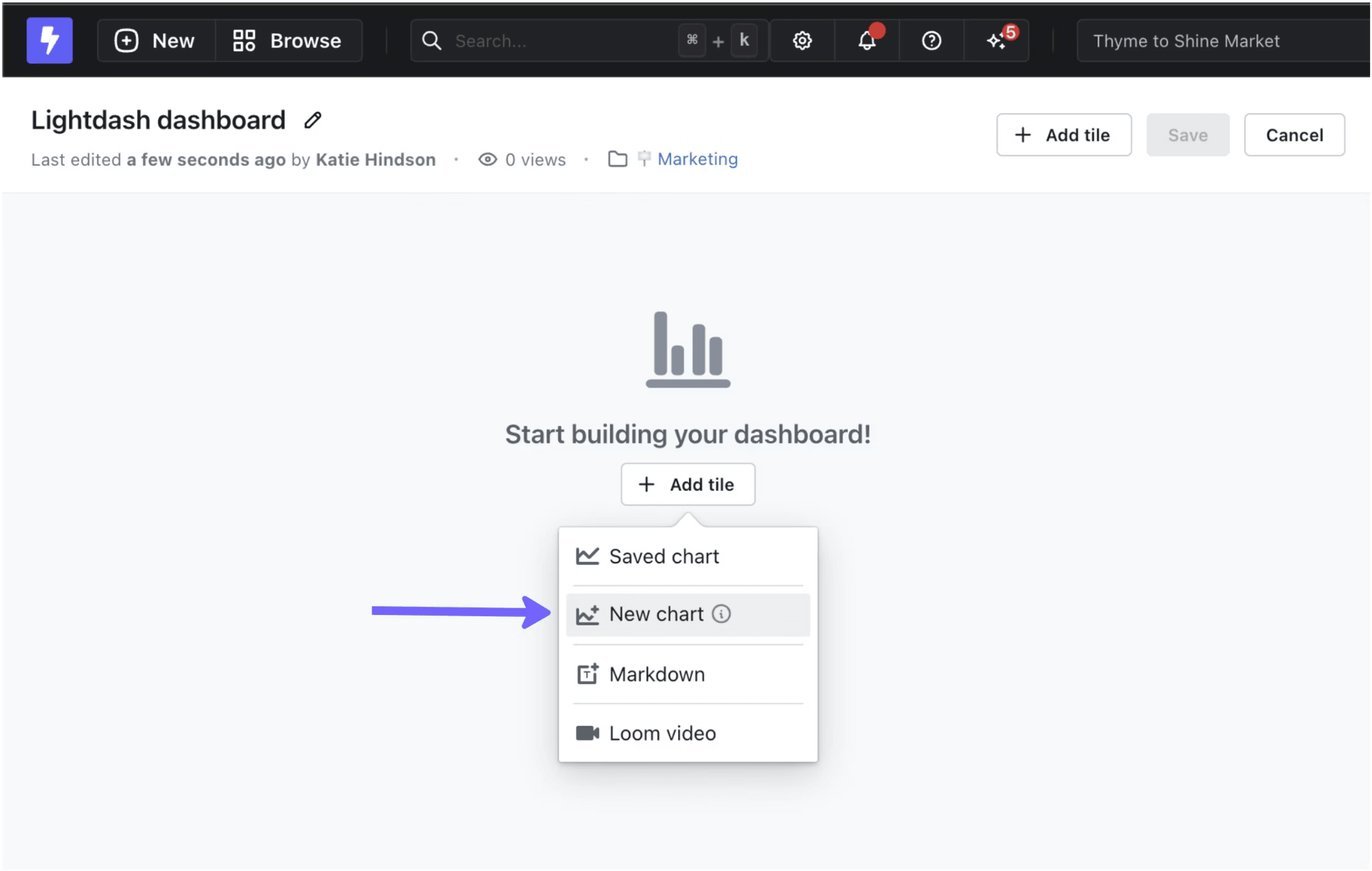 Creating and organizing charts within a Lightdash dashboard
